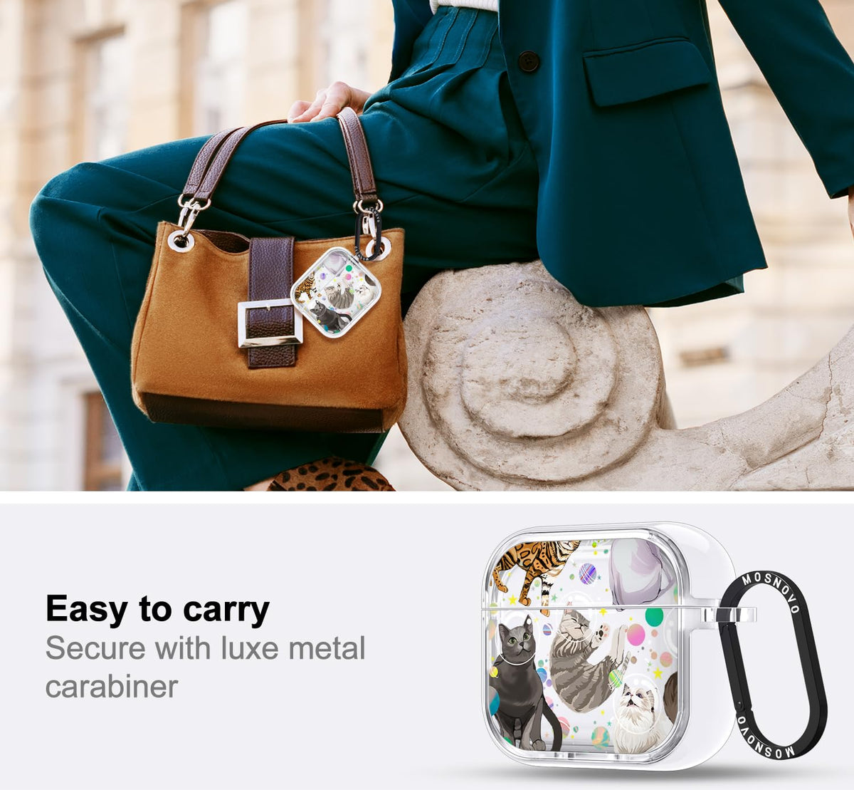 Luxe MOSNOVO metal ring for AirPods 4 easy access.
