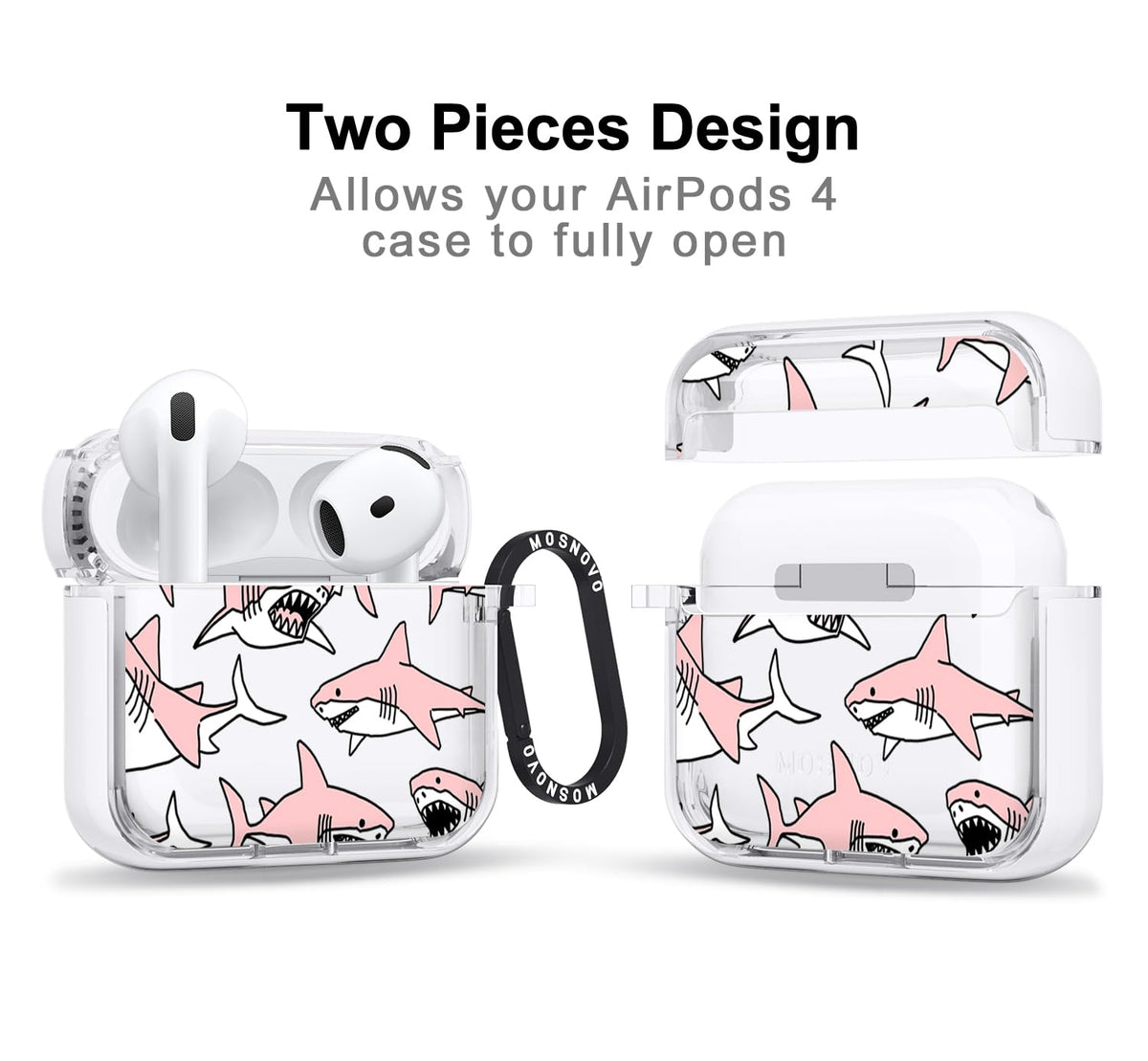 MOSNOVO AirPods 4 case pink sharks, back view, clear look and scratch resistance.