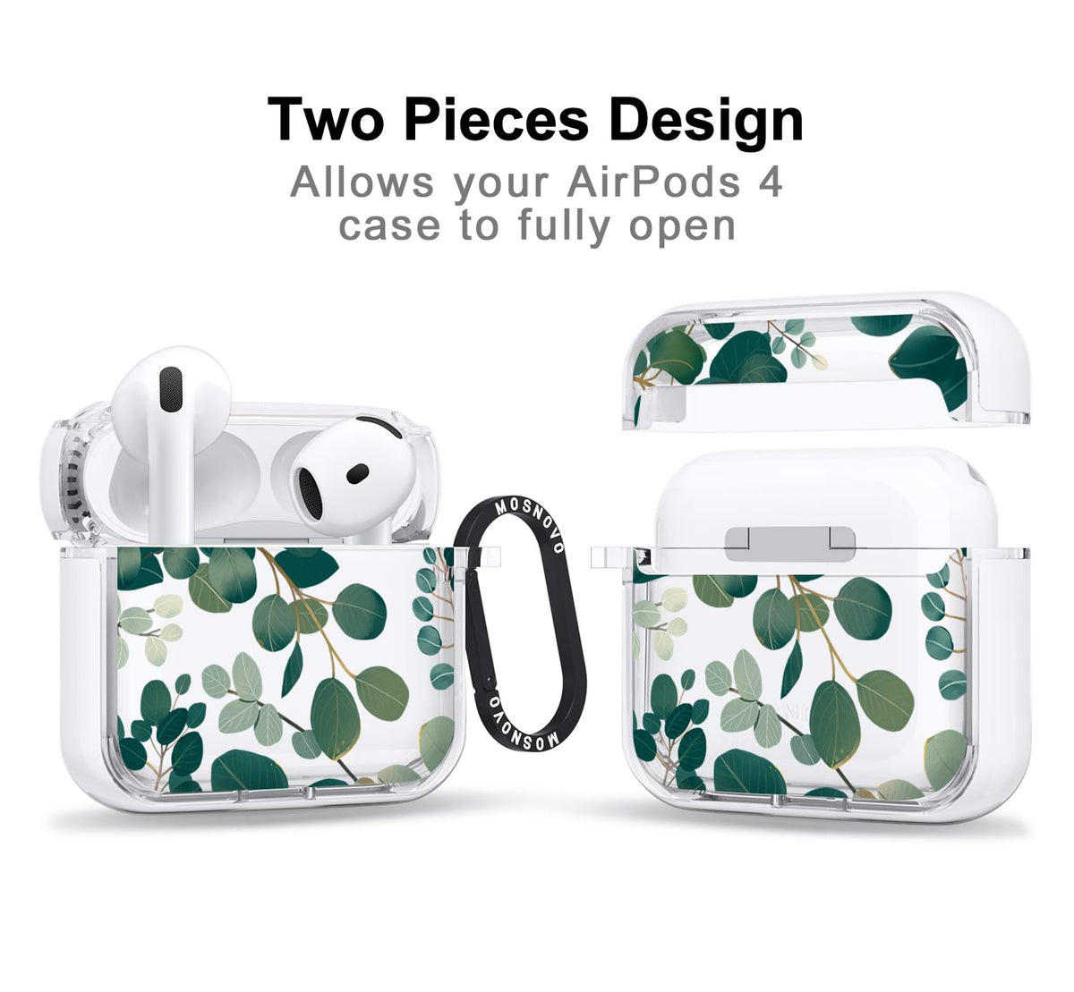 MOSNOVO AirPods 4 case showing shockproof protection and sleek look.