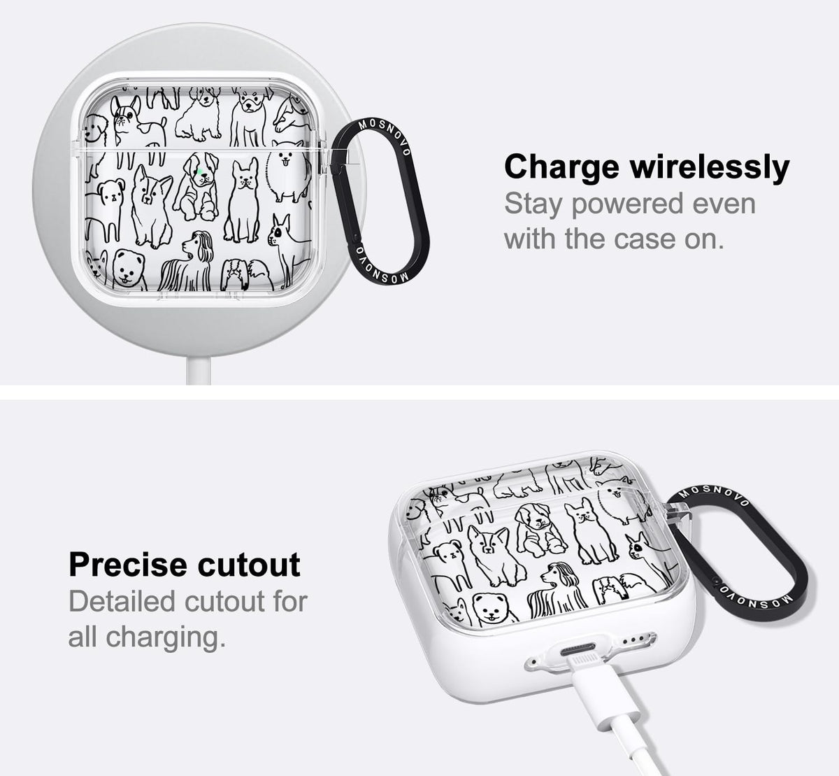 MOSNOVO AirPods 4 case in use, charging wirelessly without removing the case.
