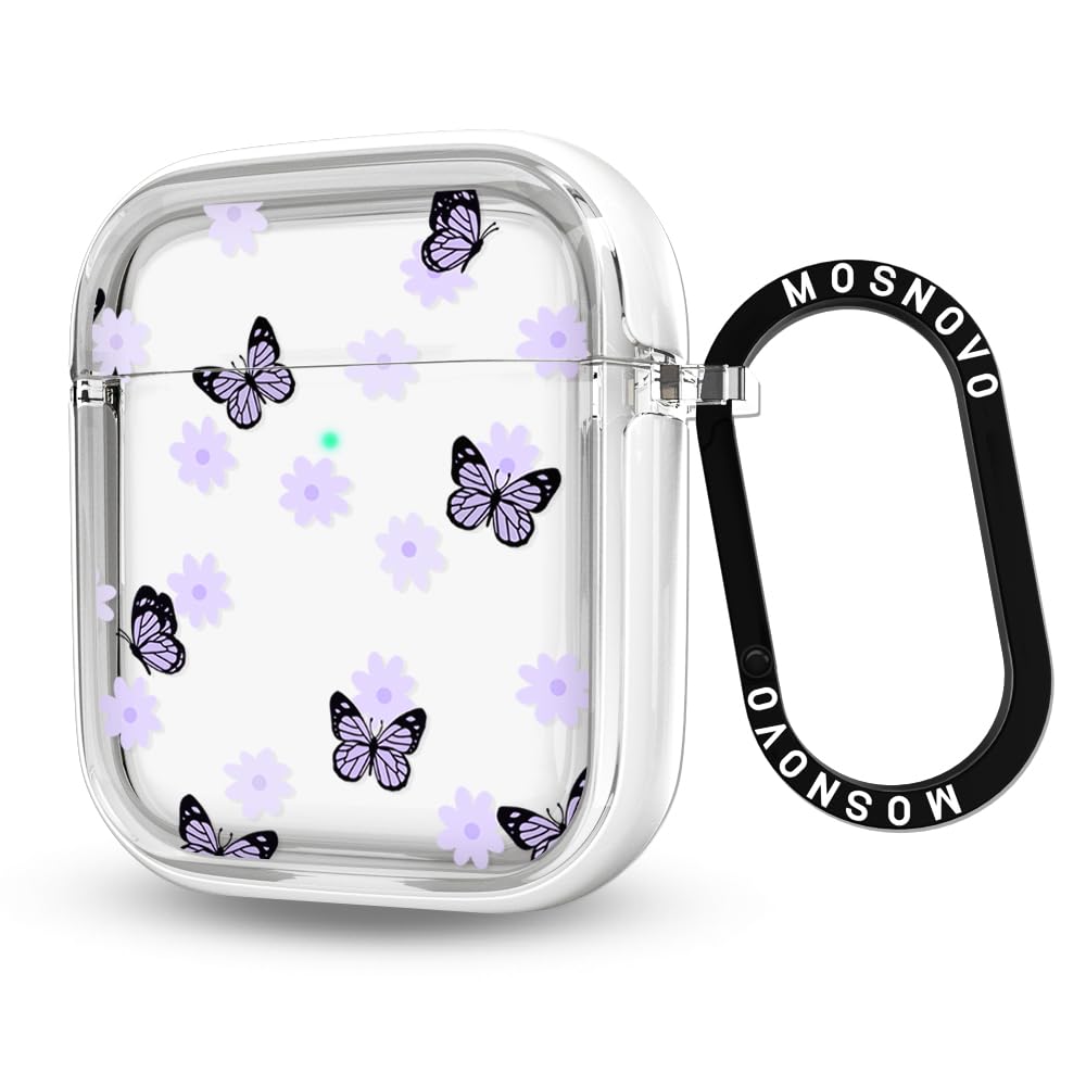 MOSNOVO AirPods case with lilac butterfly, front view showing clear dual-layer protection