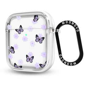 MOSNOVO AirPods case with lilac butterfly, front view showing clear dual-layer protection
