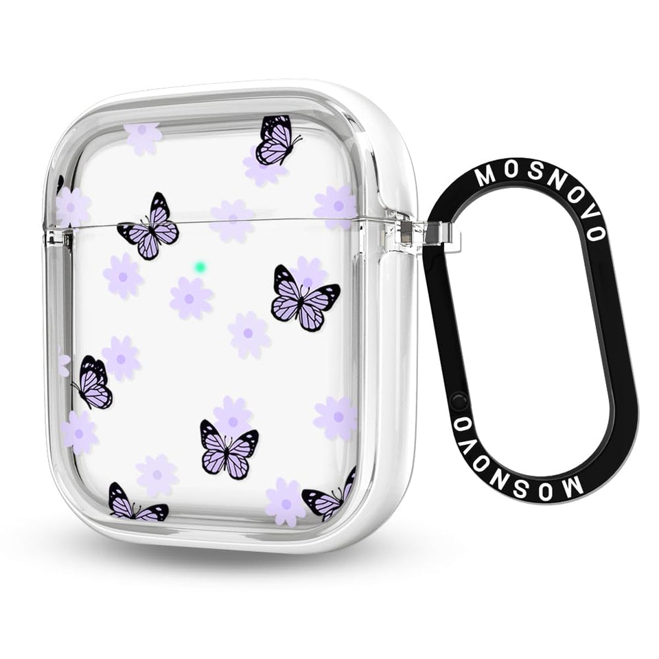MOSNOVO AirPods case with lilac butterfly, front view showing clear dual-layer protection