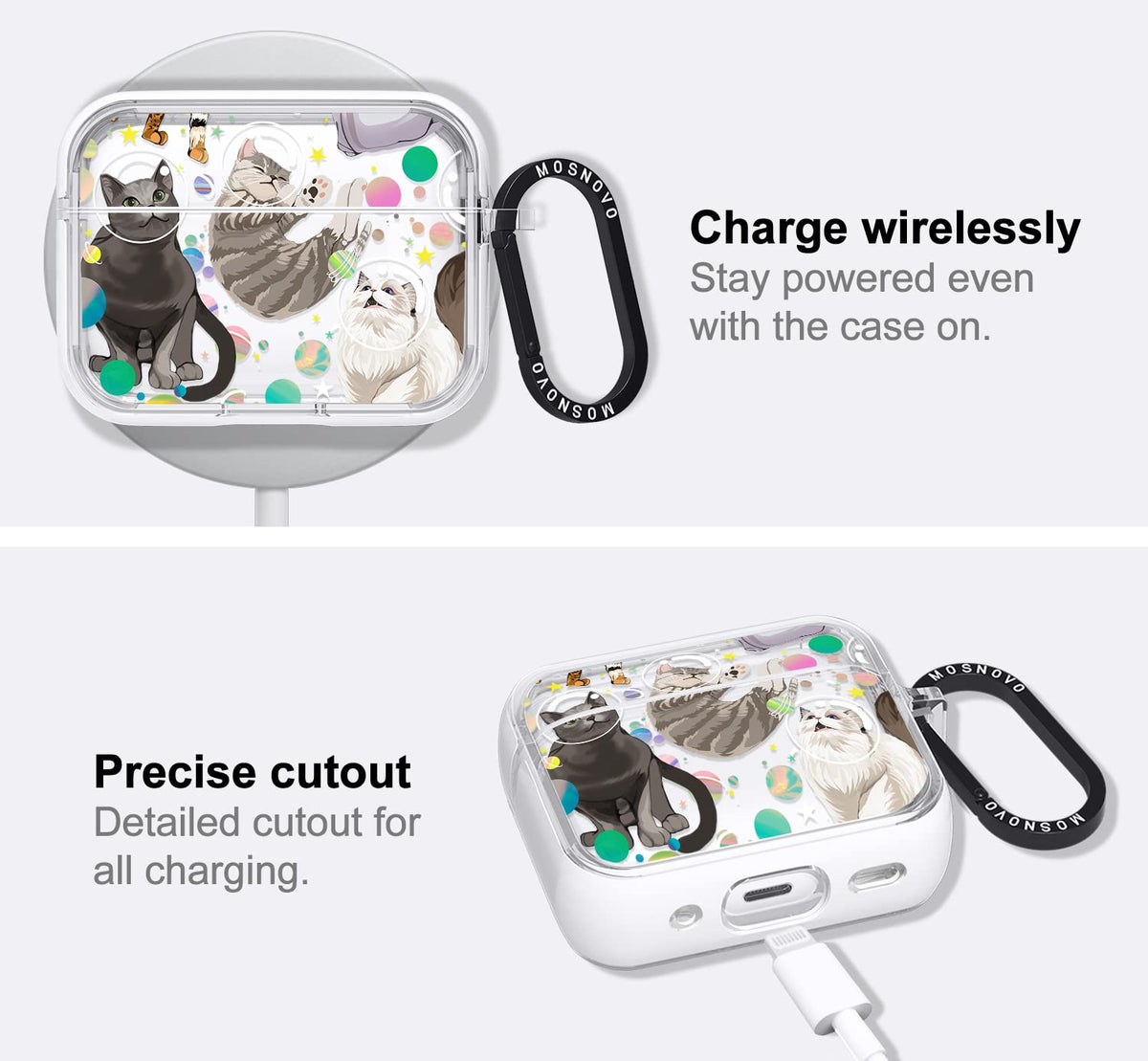 MOSNOVO AirPods Pro 2 case supports wireless charging without removal.