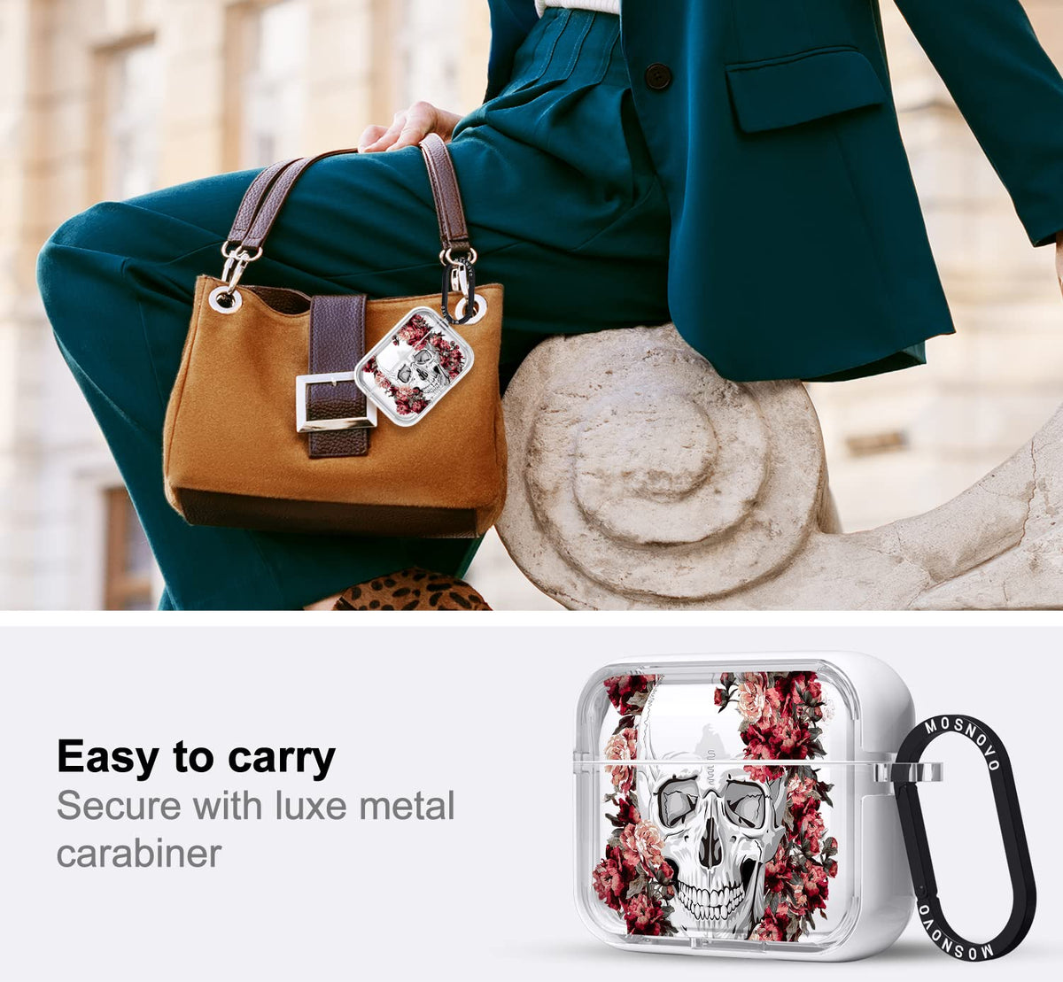 MOSNOVO AirPods Pro case with luxe metal ring for easy attachment to bags or keys.