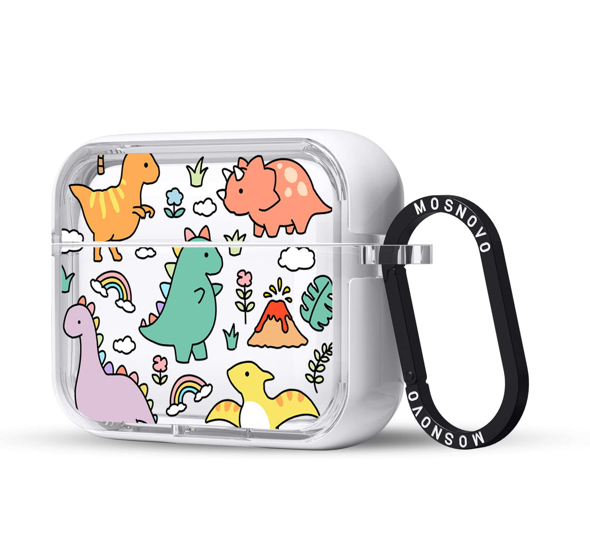 MOSNOVO AirPods Pro front view with dinosaur design, showcasing durable protection on the go.