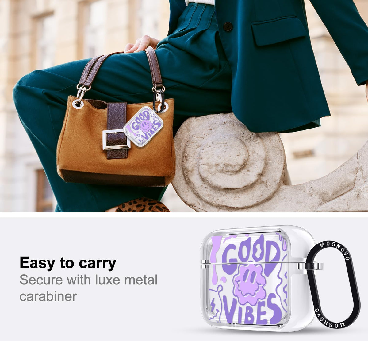 MOSNOVO metal ring attachment shown secured to bag for easy carry