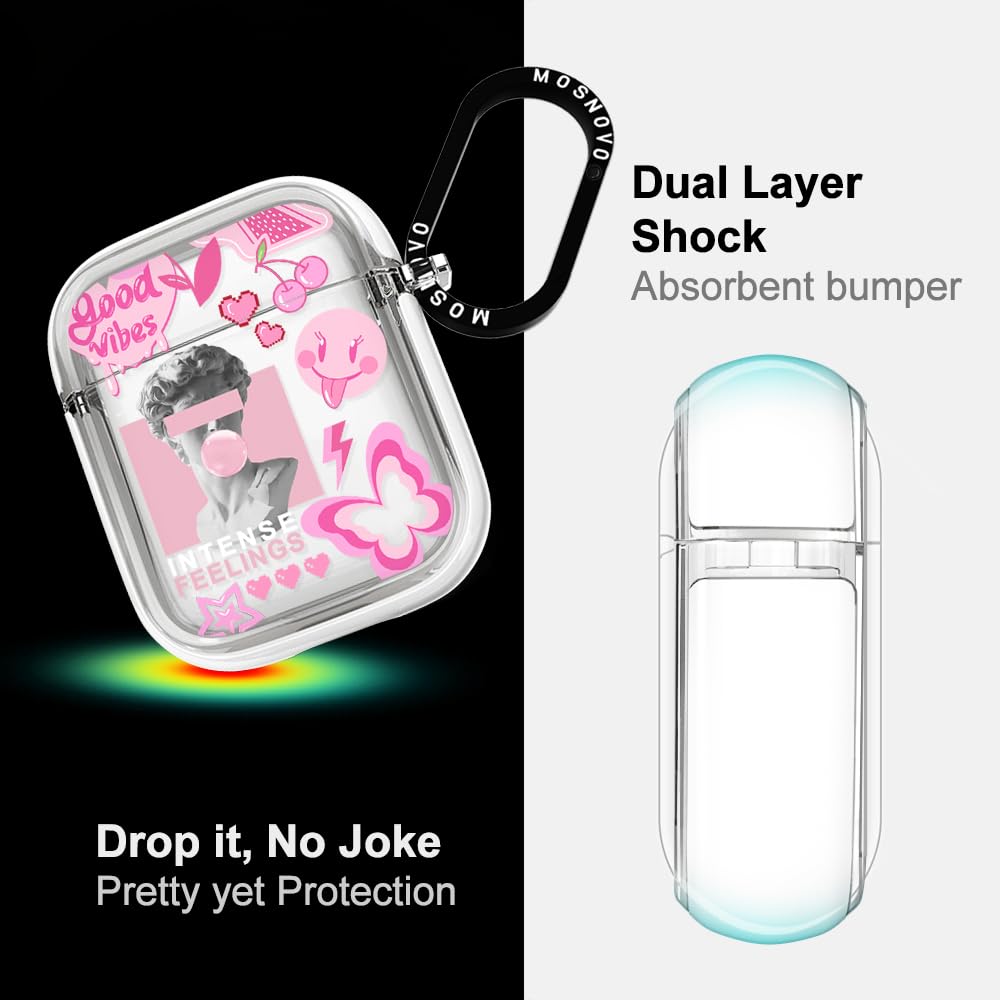 MOSNOVO AirPods case Pink Culture close-up shows clear, yellowing-resistant material.