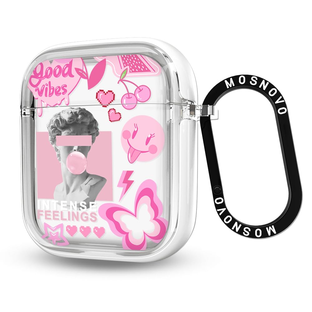 MOSNOVO AirPods case Pink Culture - front view with clear shell and secure metal ring.