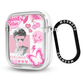 MOSNOVO AirPods case Pink Culture - front view with clear shell and secure metal ring.