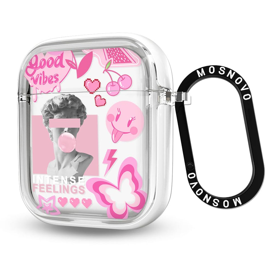 MOSNOVO AirPods case Pink Culture - front view with clear shell and secure metal ring.