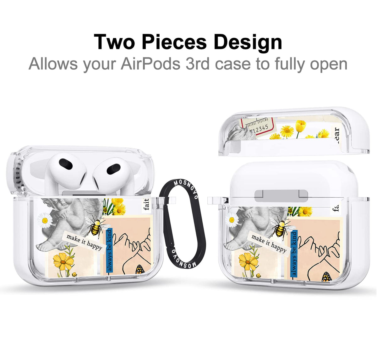 Front view of MOSNOVO AirPods 3 case highlighting the luxe metal ring for easy access.