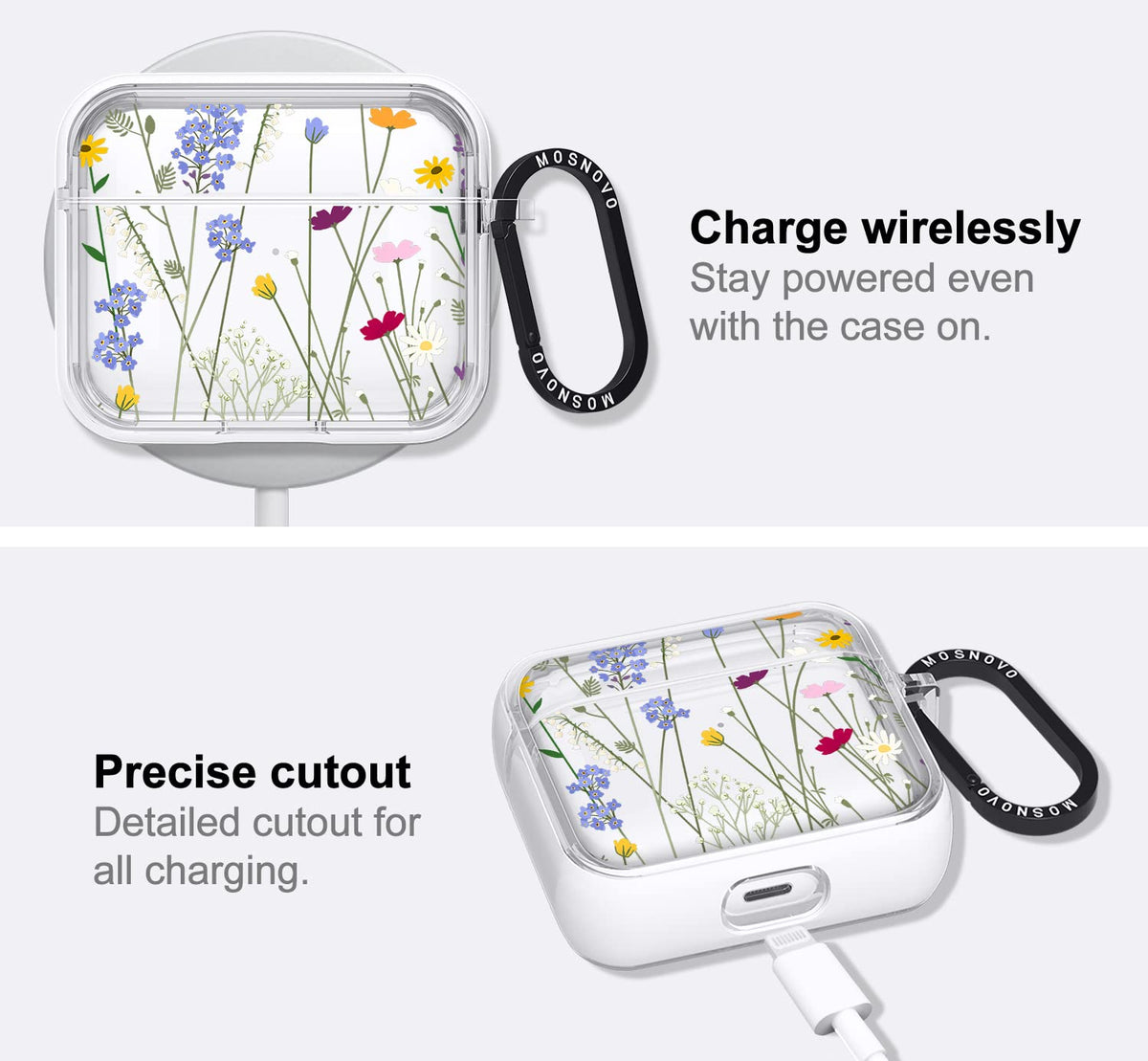 MOSNOVO AirPods 3 yellow-resistant clear case highlights long-lasting transparency.