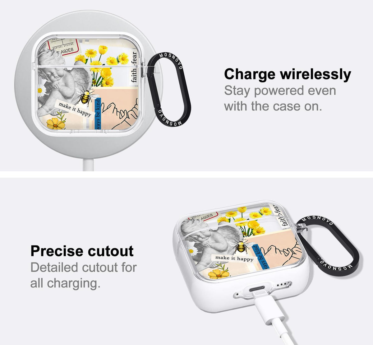 MOSNOVO AirPods 4 case packaging includes protective cover, metal ring, and tool.
