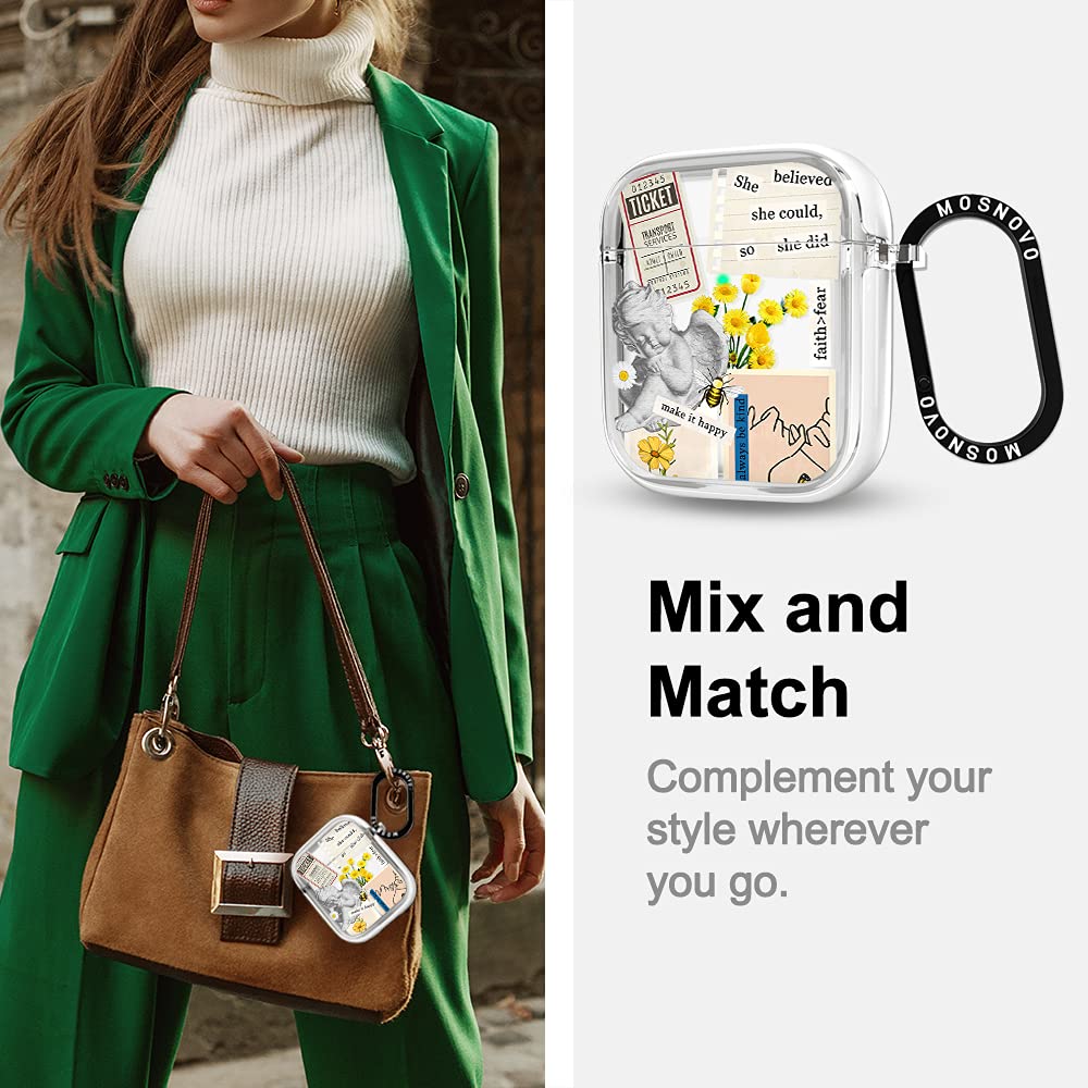 Elegant MOSNOVO protective case on AirPods with a sleek metal ring.