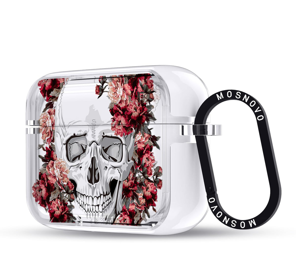 MOSNOVO clear case front view showing red flower skull and protection benefit