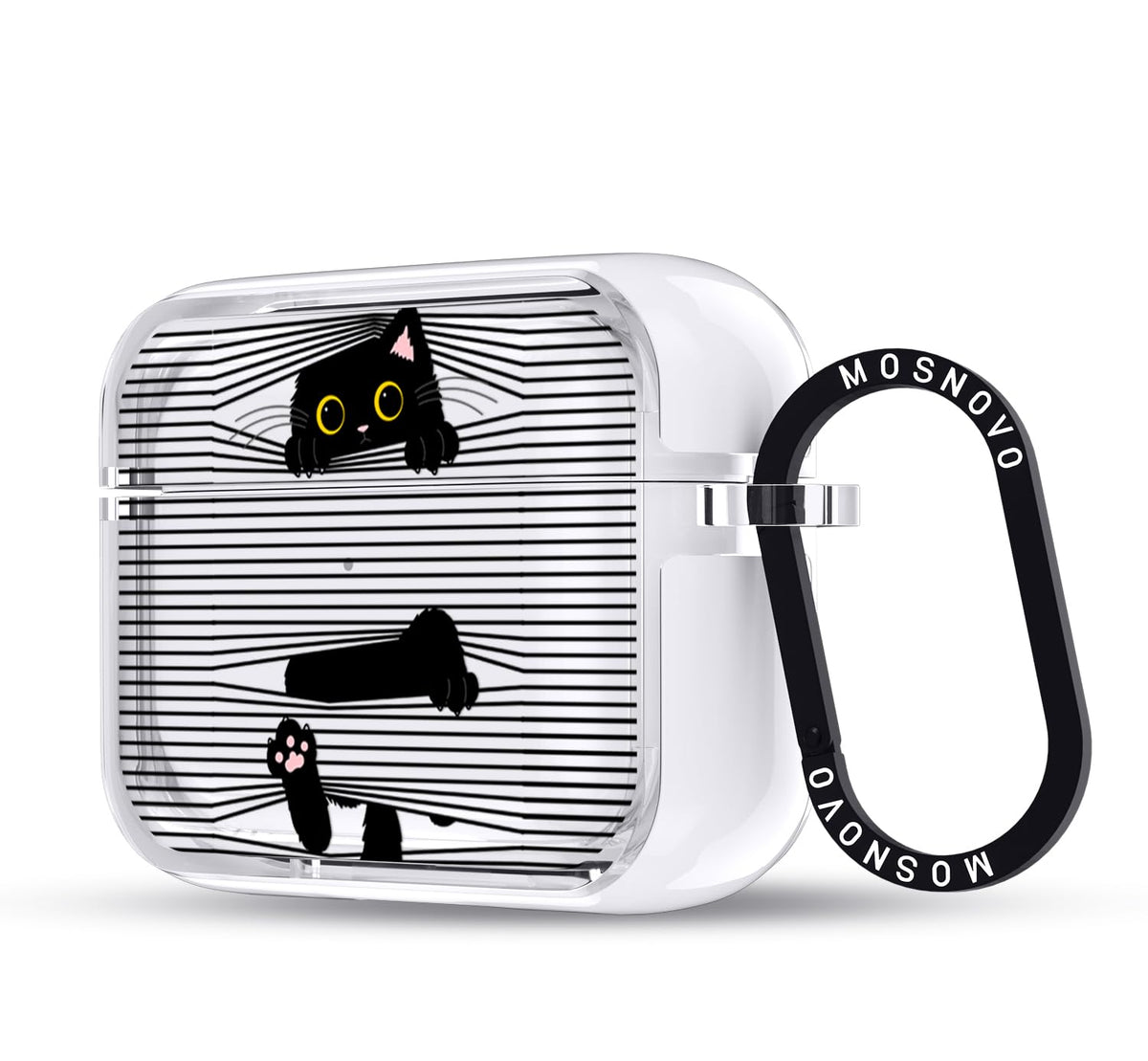 MOSNOVO front view showing clear case and Hidden Black Cat design, protective and stylish