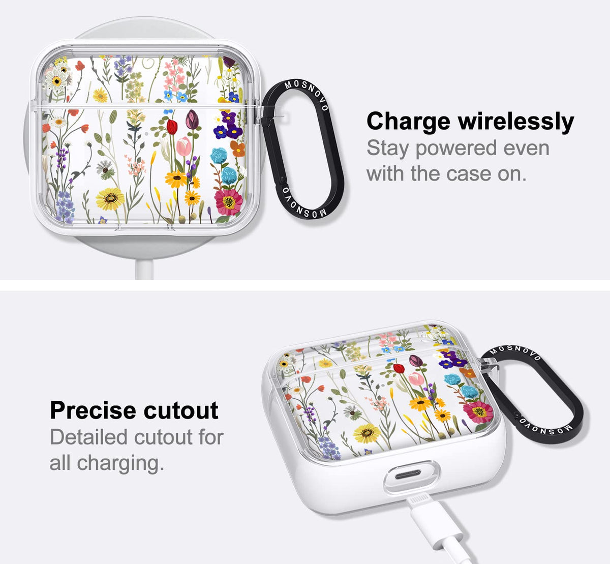 Clear yellow-resistant finish on MOSNOVO AirPods case.