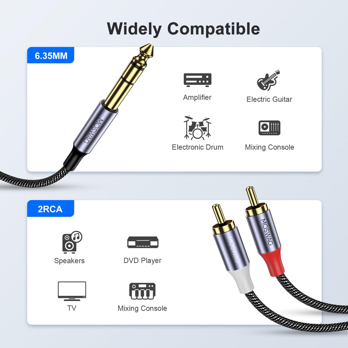 MOSWAG 33ft length reaches equipment from desk to amp with minimal clutter.