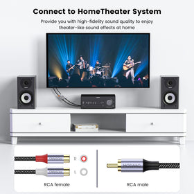 MOSWAG home theater setup with RCA splitter enabling flexible speaker connections.
