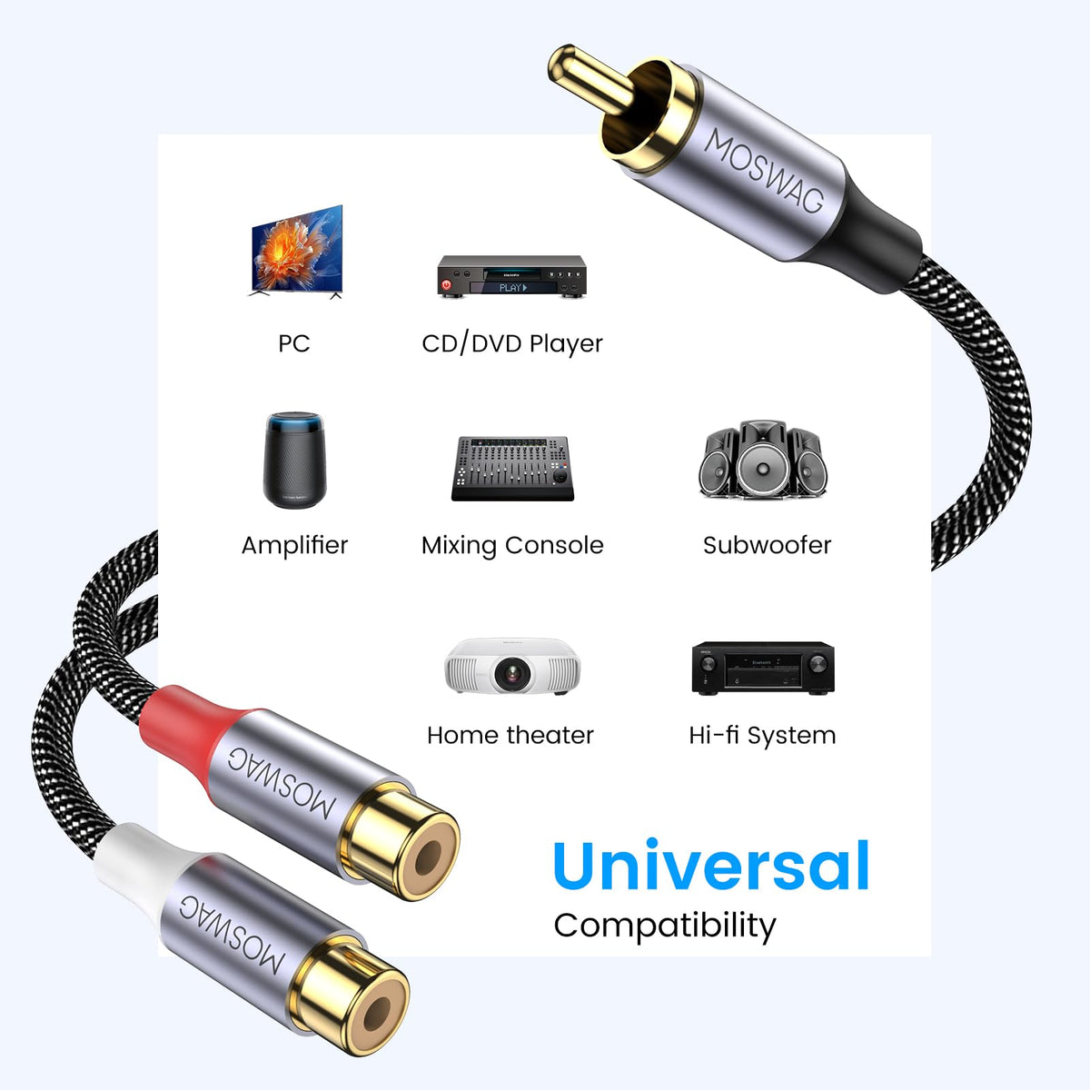 MOSWAG pack of 2 RCA cables ready for home theater and gaming setups.