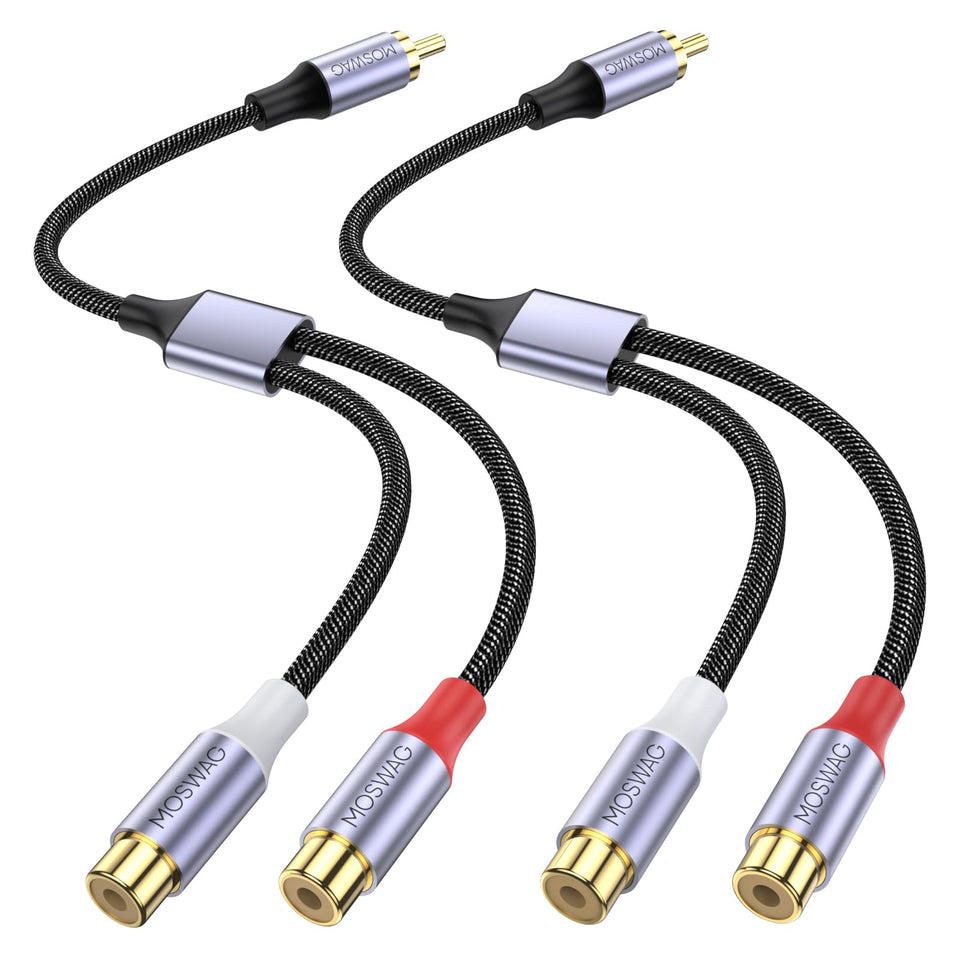 MOSWAG RCA splitter 1m to 2f cables delivering clean stereo signals for subs and speakers.