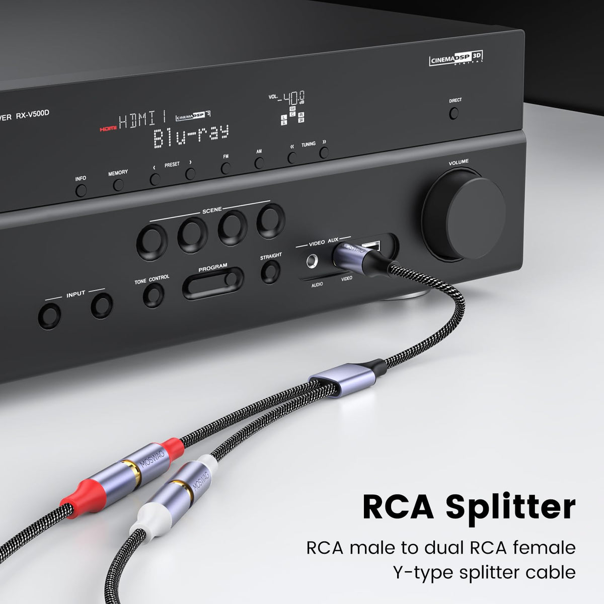 MOSWAG RCA splitter metal shell closeup shows durable connectors for long-lasting use.