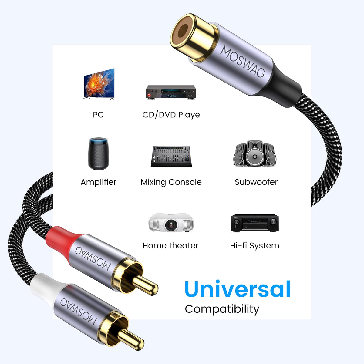 MOSWAG universal compatibility works with amplifiers, TVs, consoles