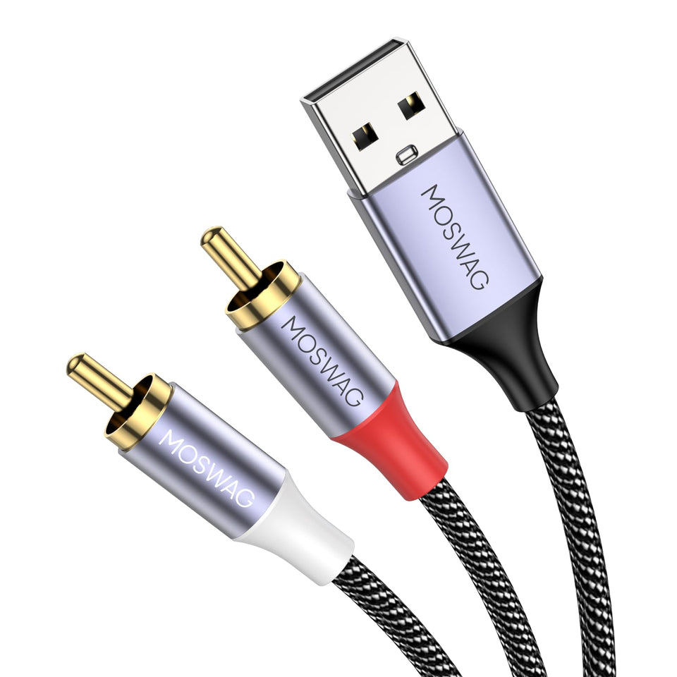 MOSWAG USB to Dual RCA Cable closeup with gold-plated connectors for clear, high-fidelity sound