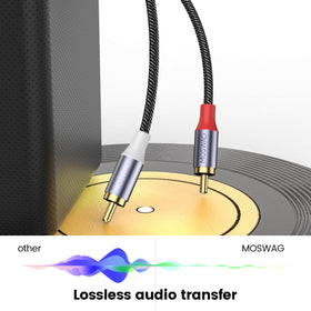MOSWAG USB to Dual RCA Cable plugged into PC for simple plug-and-play setup