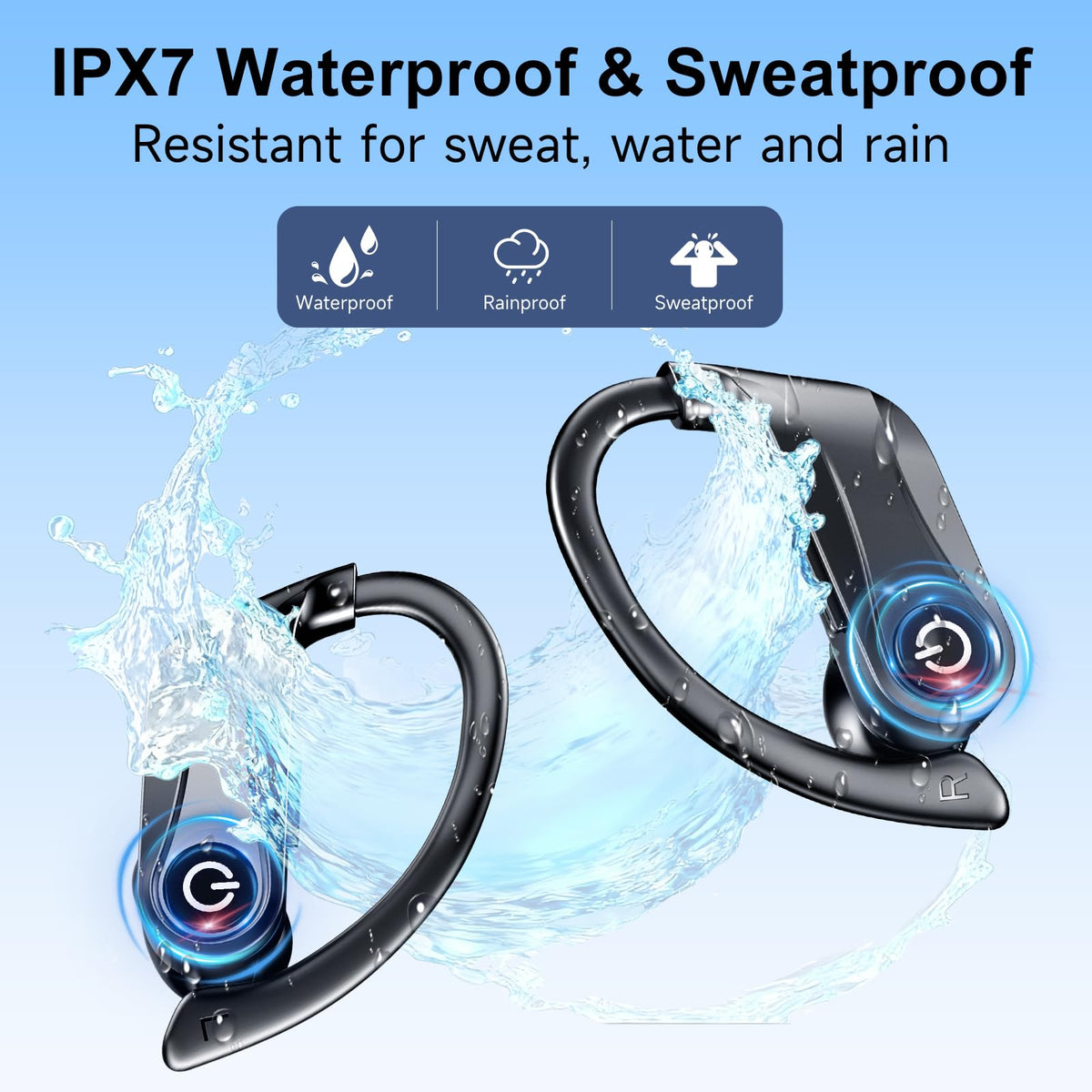 Mosyxe Earbuds IPX7 waterproof rating for sweat and rain protection