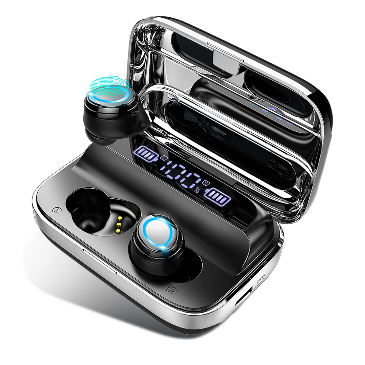Motast front view of case and earbuds showing compact convenience and long playtime