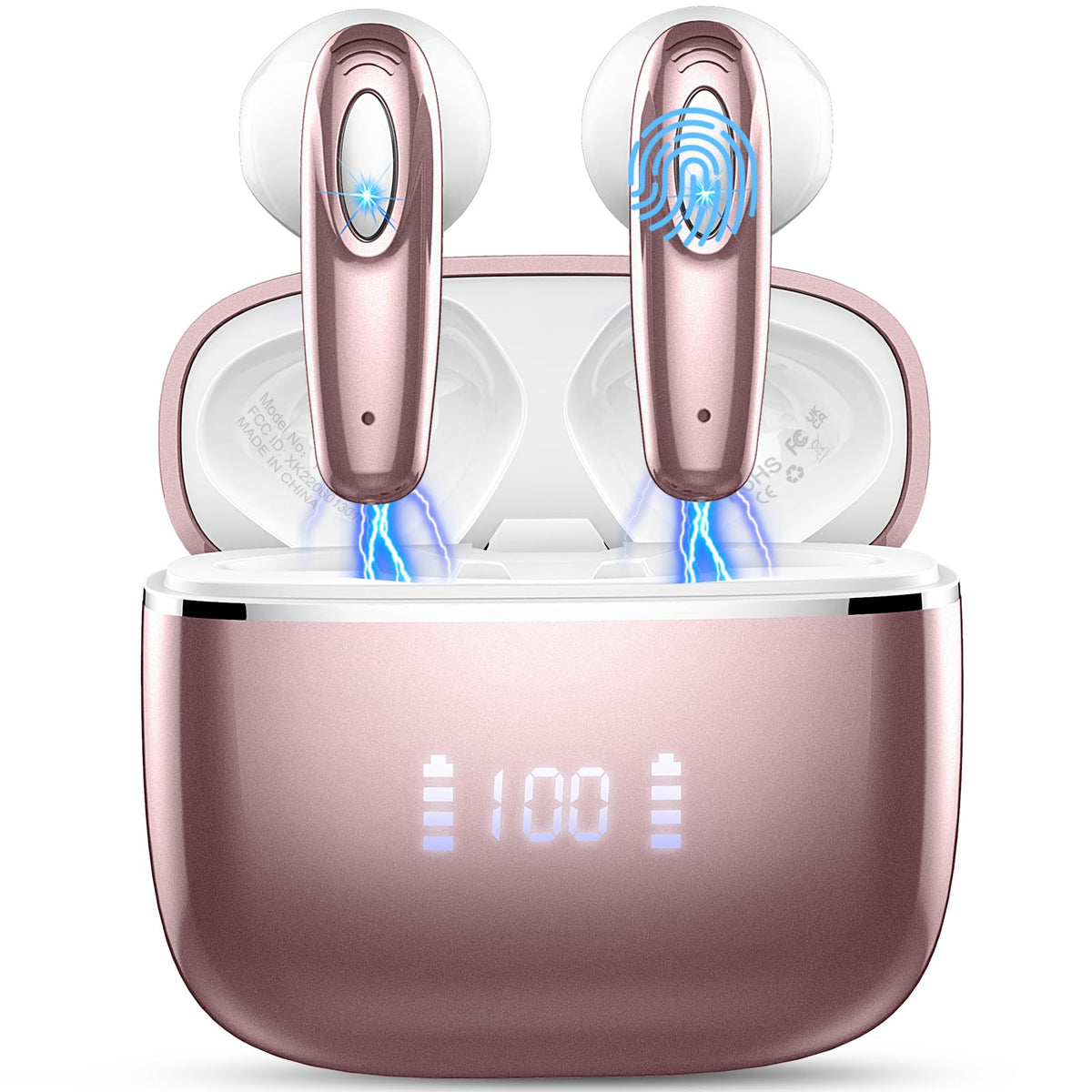 Motast Rose Gold earbuds in case with LED display showing battery status.