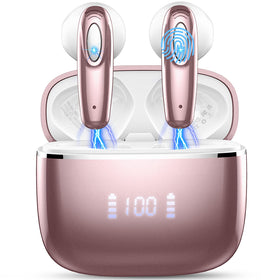 Motast Rose Gold earbuds in case with LED display showing battery status.