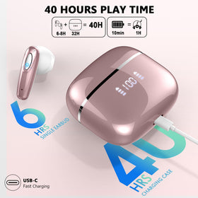 Motast Rose Gold earbuds USB-C port for rapid charging.