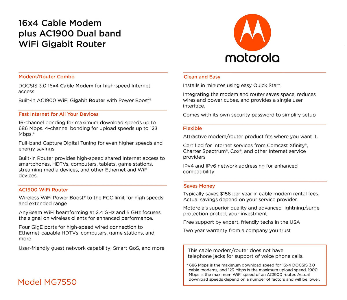 Motorola MG7550 two-year warranty with surge protection.