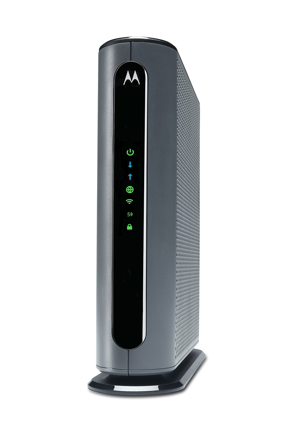 Motorola MG7700 front view showing integrated modem and router for all-in-one home networking.