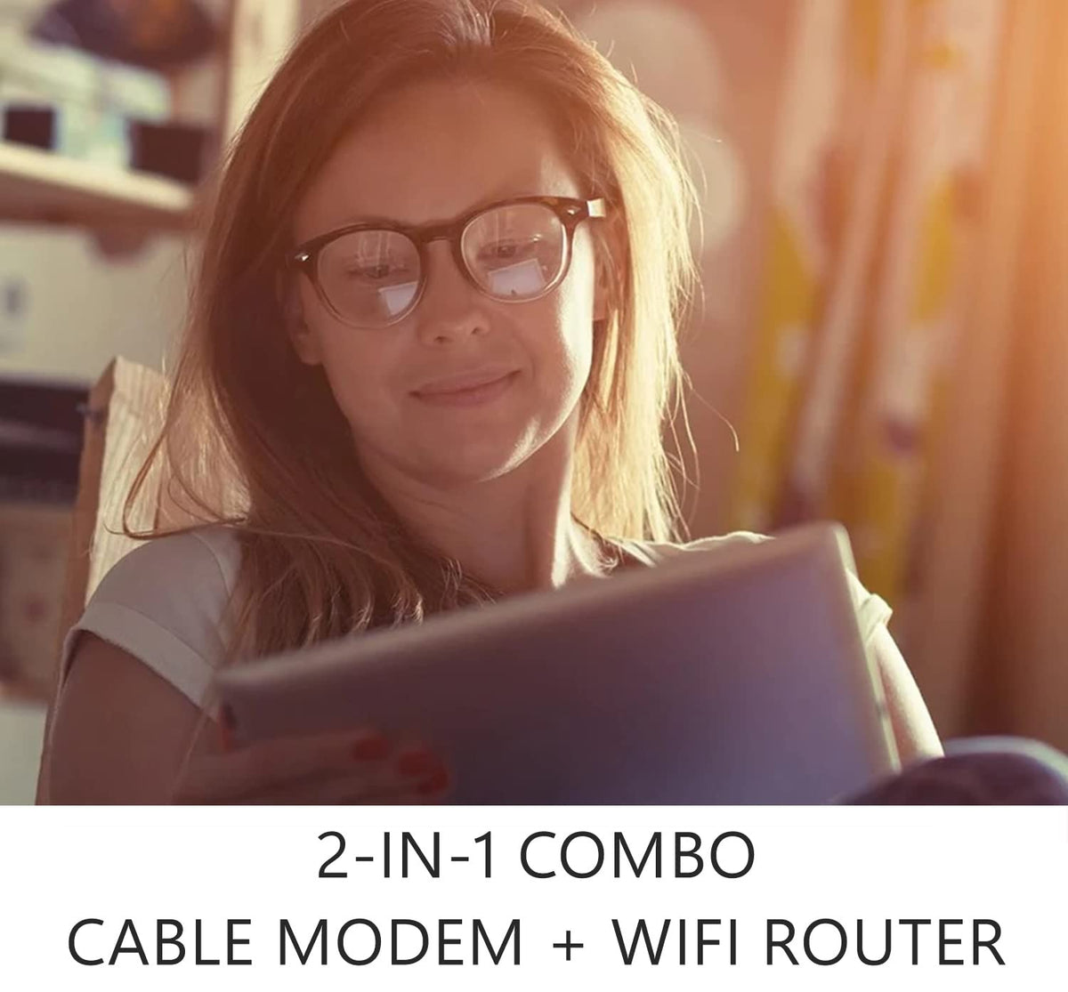 Motorola MG7700 Wi-Fi antenna detail emphasizes strong signal for multiple rooms.