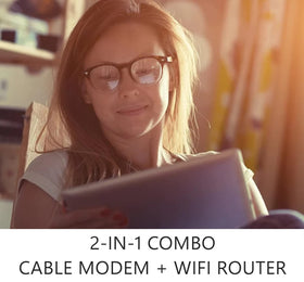 Motorola MG7700 Wi-Fi antenna detail emphasizes strong signal for multiple rooms.