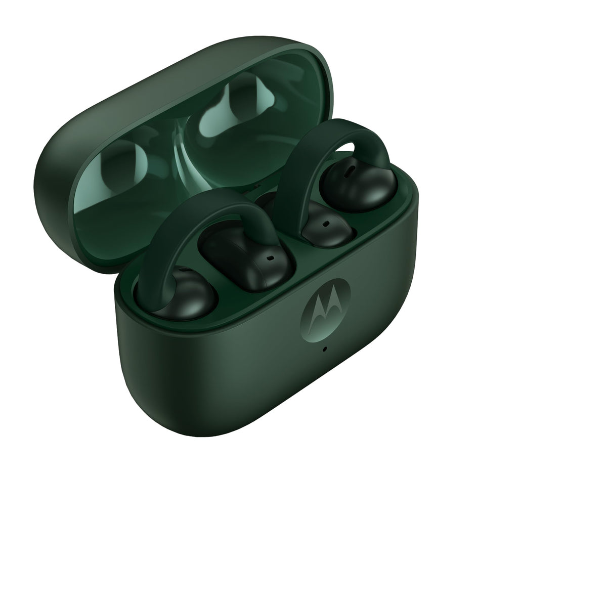 Motorola Moto Buds Loop case-open highlights quick access and charging readiness