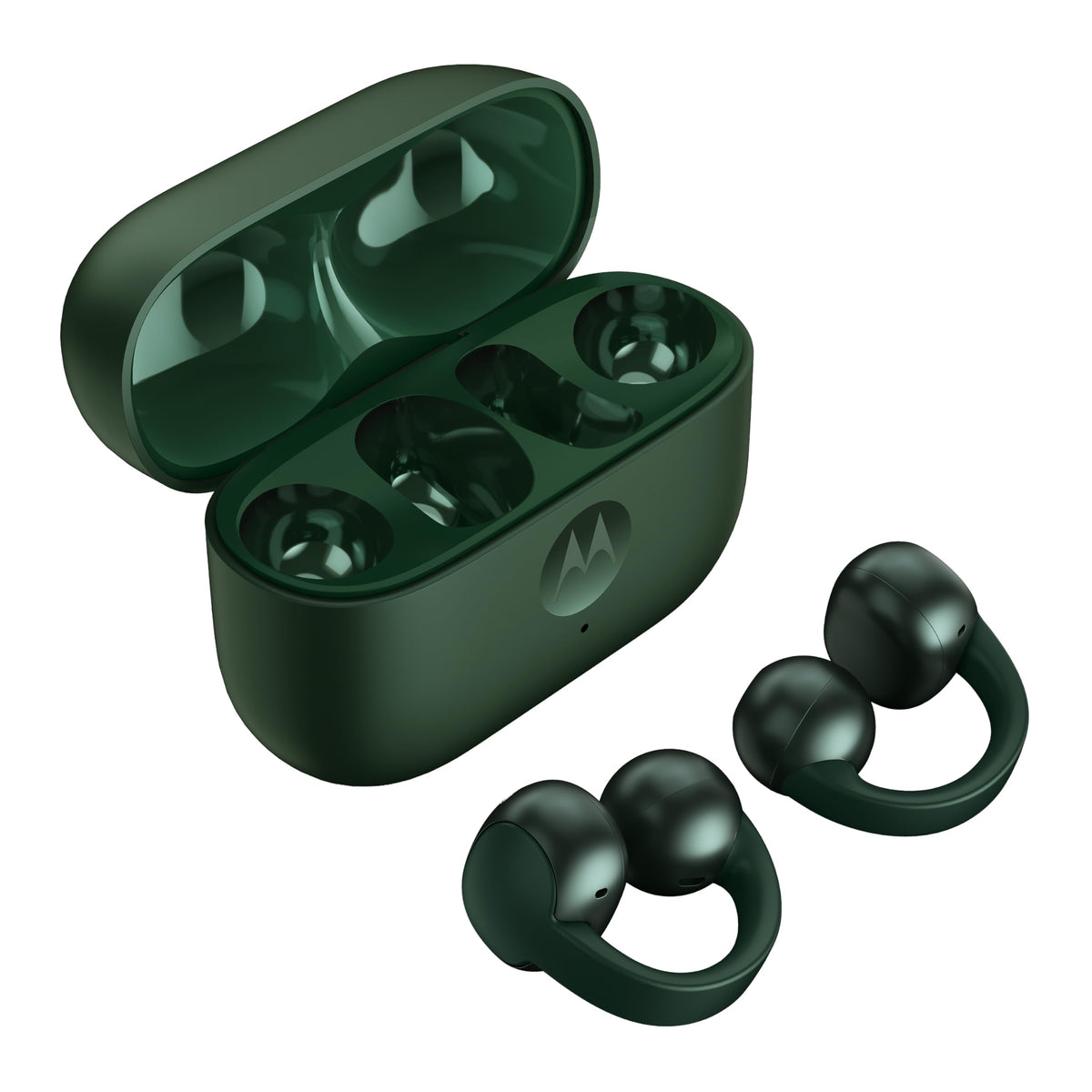 Motorola Moto Buds Loop with Bose front view in Trekking Green showing bold immersive audio design