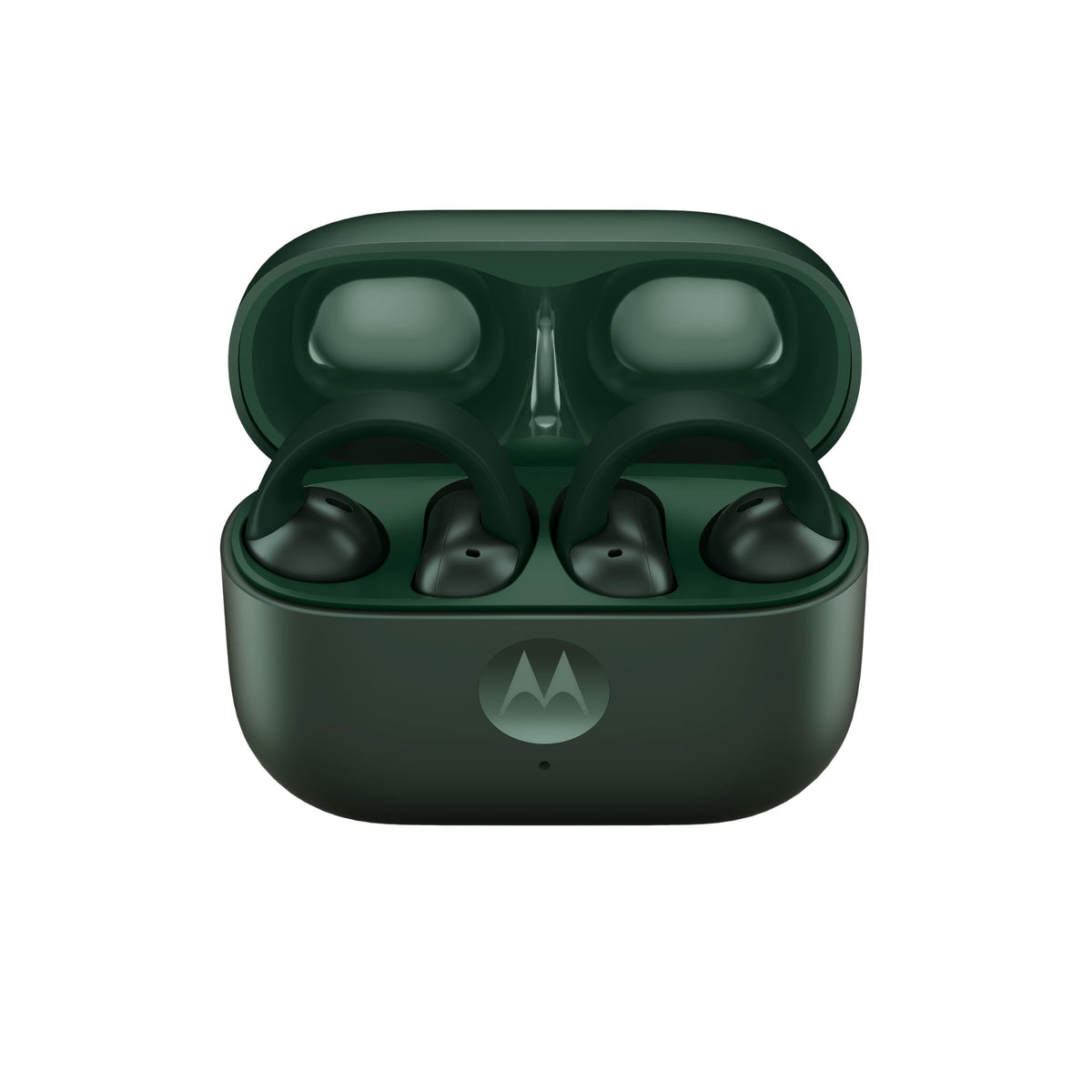 Motorola Moto Buds Loop Trekking Green close-up emphasizes color detail and premium drivers