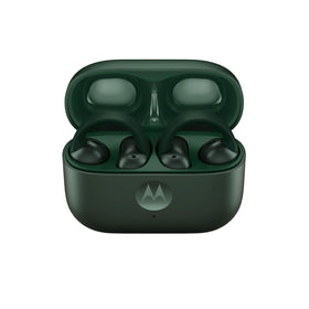Motorola Moto Buds Loop Trekking Green close-up emphasizes color detail and premium drivers