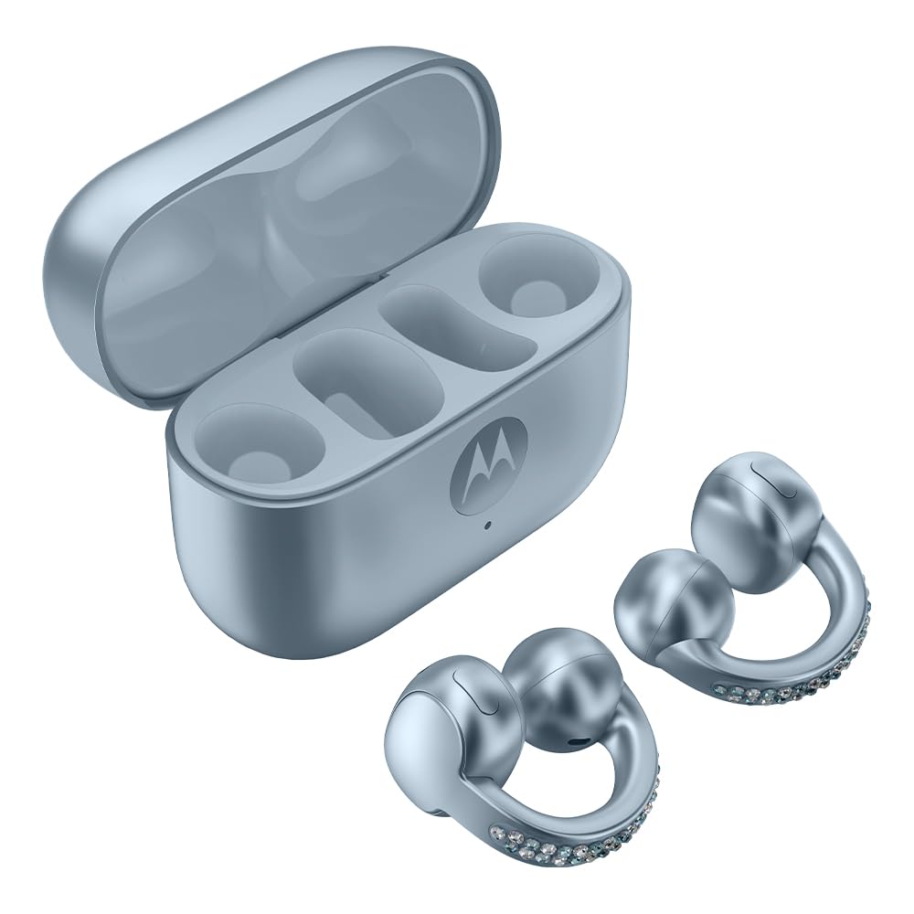 Motorola Moto Buds Loop case in ice melt blue for portable charging and storage.
