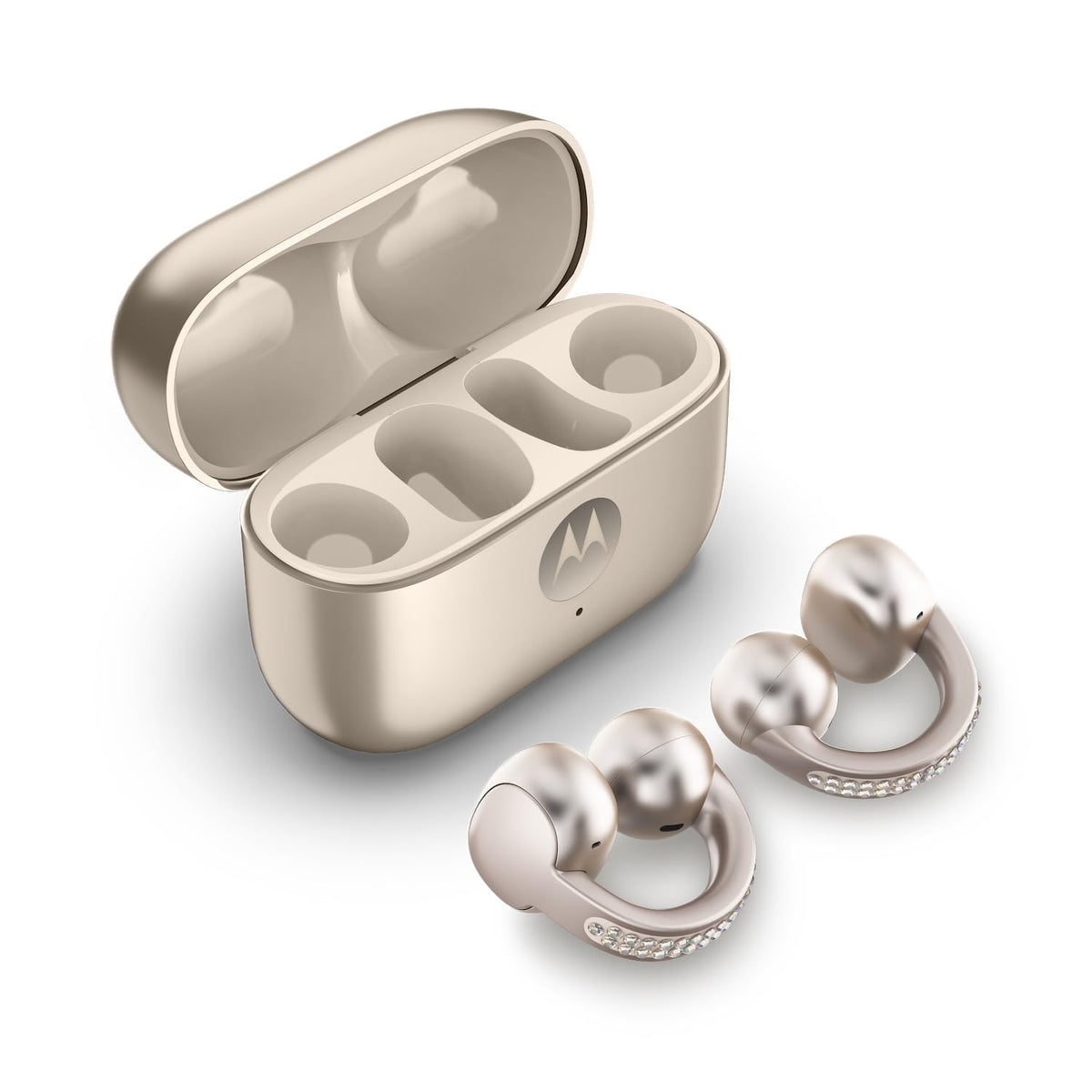 Motorola Moto Buds Loop with Swarovski crystals detail for stylish listening and refined sound.
