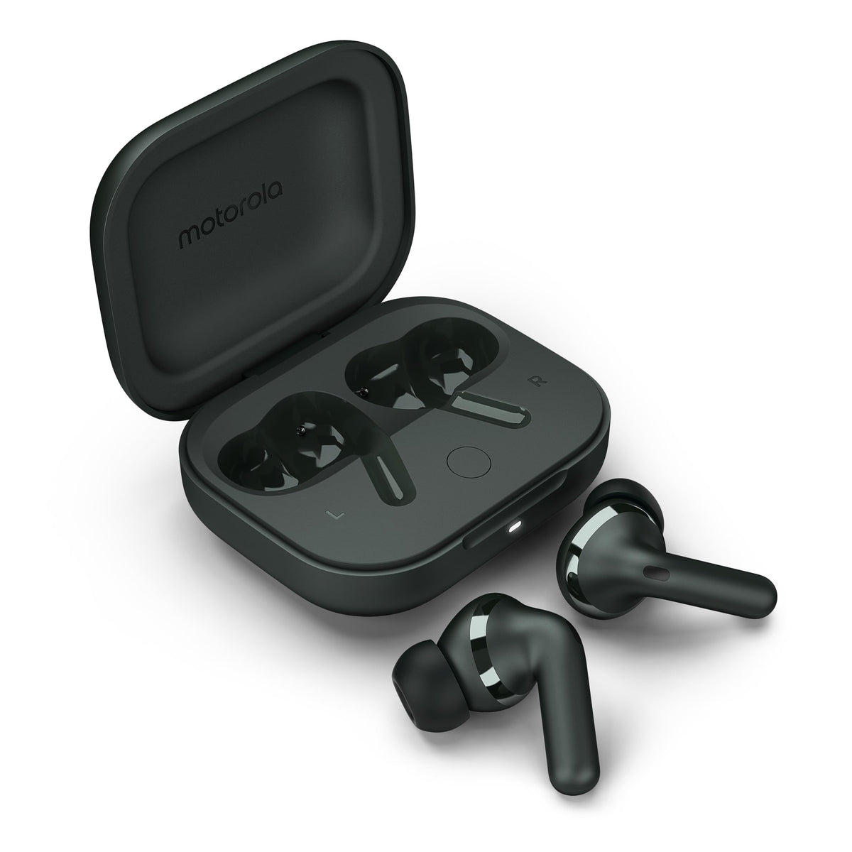 Motorola Moto Buds+ case charging on a desk for long listening sessions