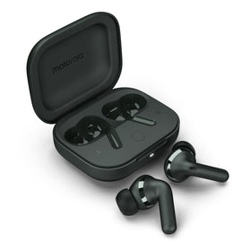 Motorola Moto Buds+ case charging on a desk for long listening sessions