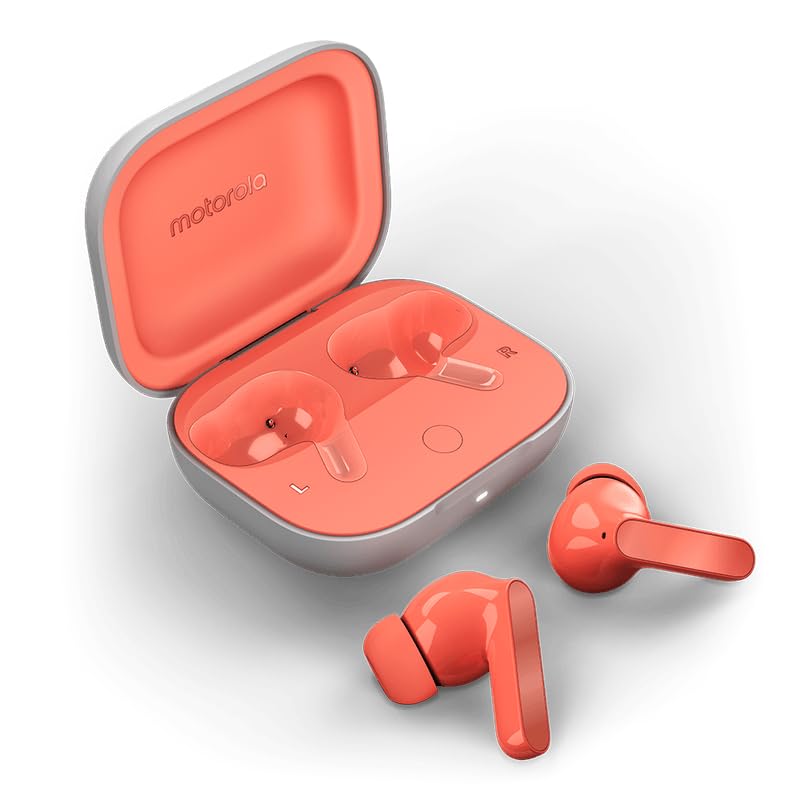 Motorola Moto Buds XT2441 peach front view showing design and easy portability