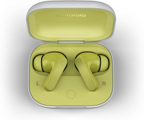 Motorola Moto Buds charging case open with earbuds inside, for quick top-up convenience