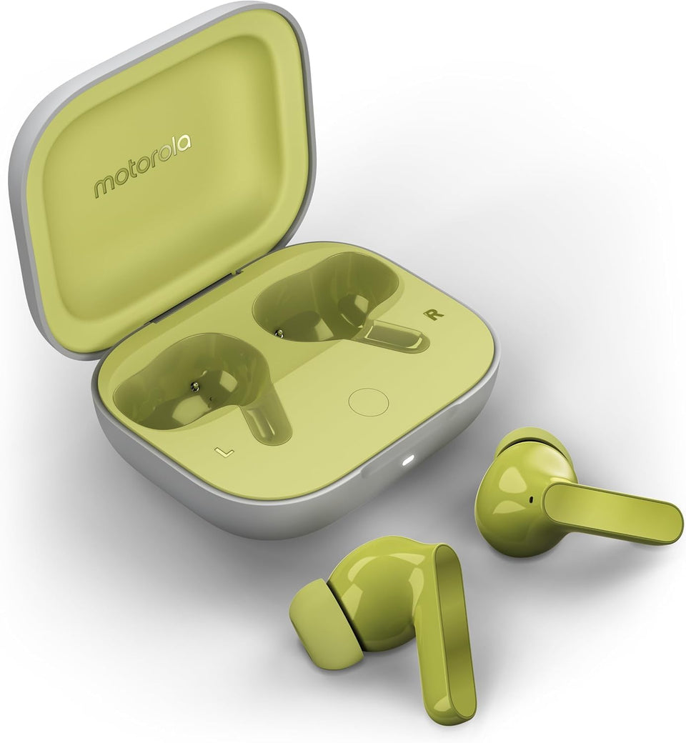 Motorola Moto Buds front view showing compact case and earbuds, for easy portability